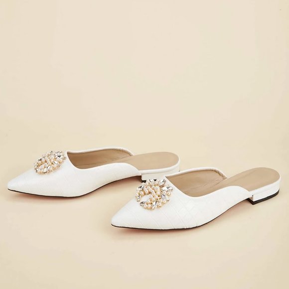 NEW Crocodile Pattern Flat Mules with Rhinestone & Faux Pearl, Sz EU 38( US 7.5) - Picture 6 of 14